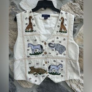 Vintage Vest With Embroidered Zoo Animals Size M Teacher Librarian Jungle Theme